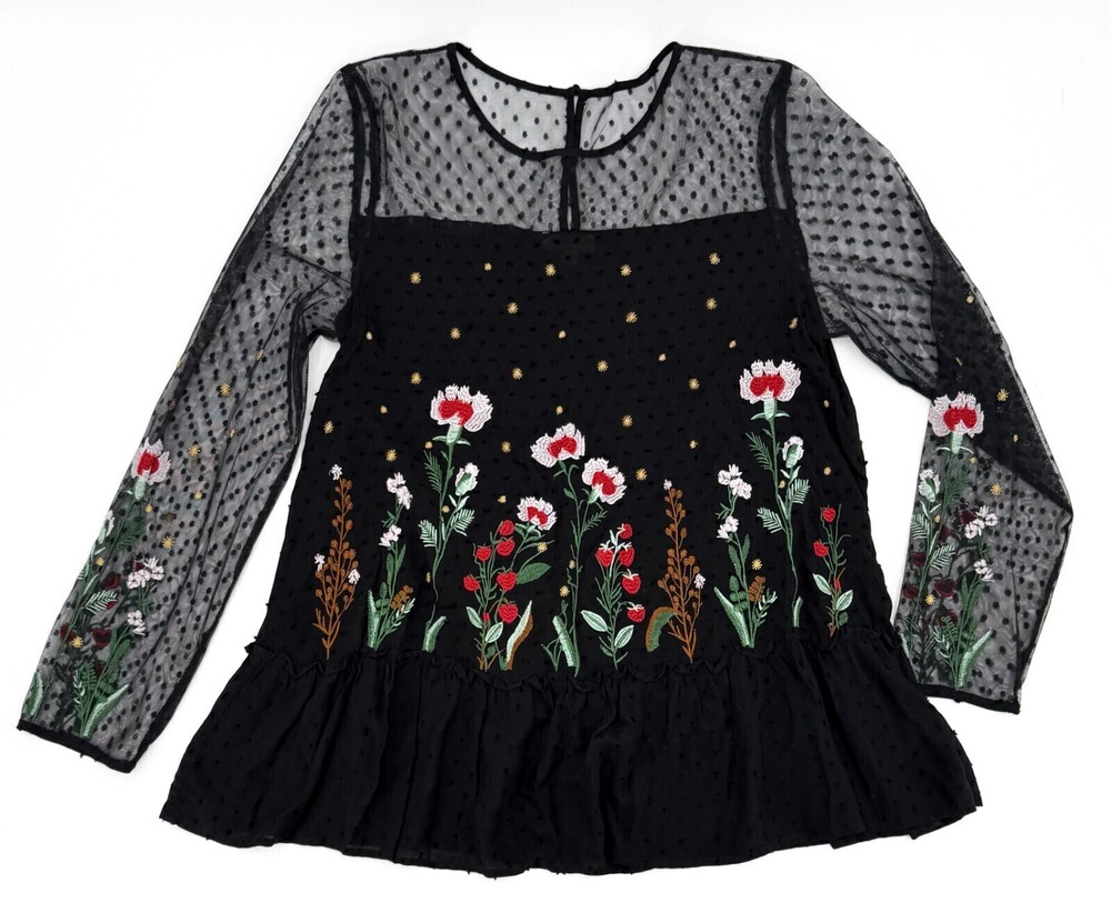 Entro Shirt Womens Large Black Blouse Sheer Floral Whimsi Gothic  Embroidered